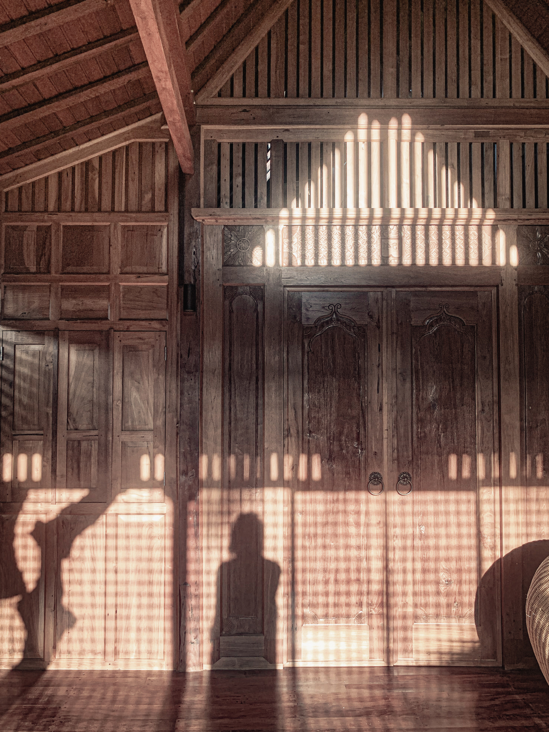 photo of a somewhat abstract composition of architectural, geometric, and organic shadows, including the silhouette figure of a person, on a carved wooden interior wall, with a large pair of doors and a sharp peaked ceiling, cast by light of the recently-risen sun.