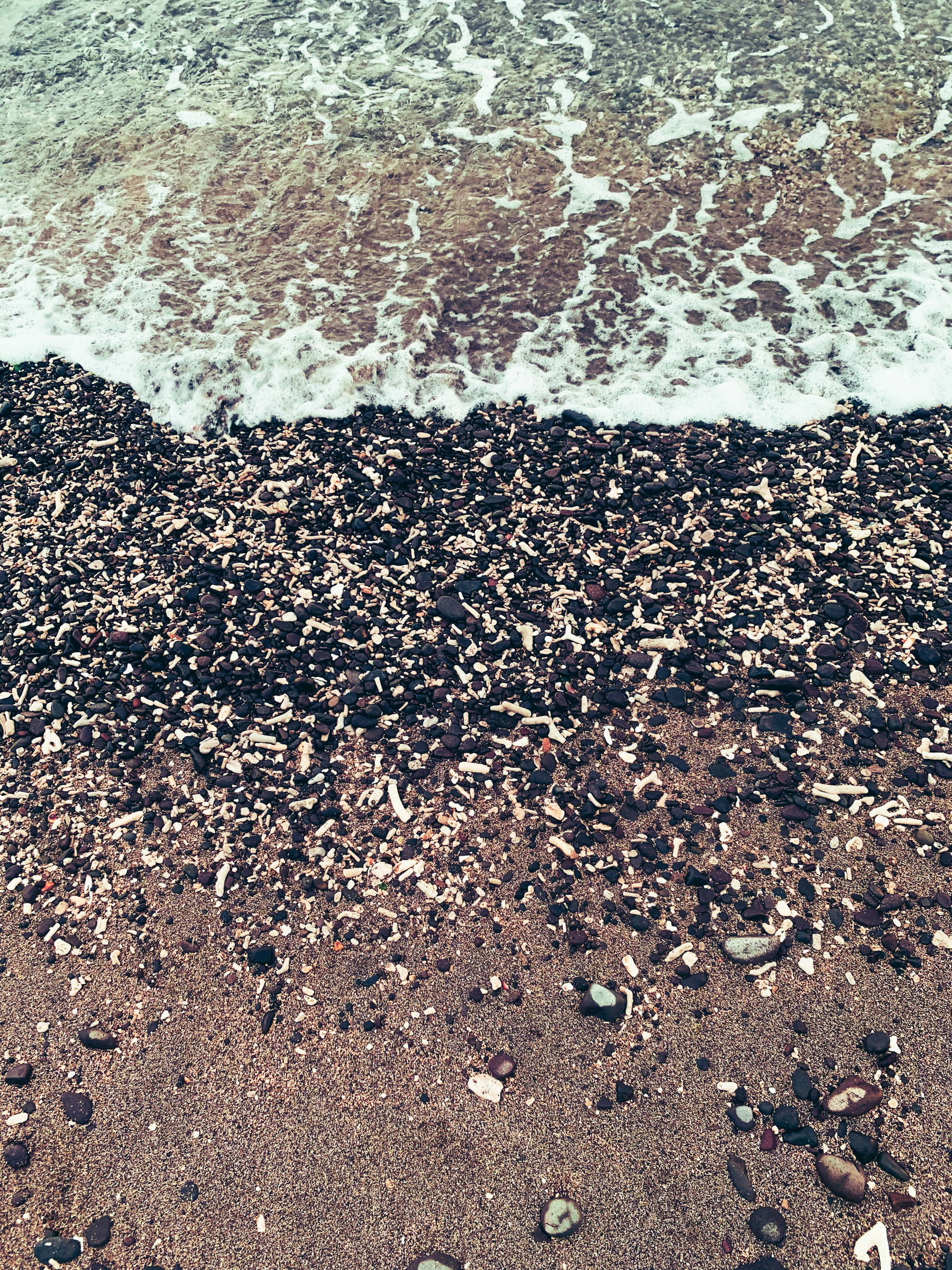 photo at the beach along the shore with a multitude of small stones, pebbles, and gravel, in shades of black and brown and tan, and pieces of white coral, with frothy greenish translucent water.