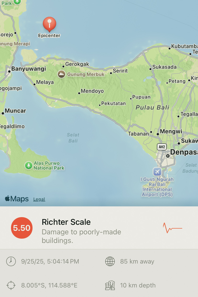 screengrab of a map of Bali Island and East Java with an earthquake pinpointed off the coast near Banyuwangi, stats given for the earthquake include magnitude 5.5 on Richter Scale, 85 km away, 10 km depth, and states, Damage to poorly-made buildings.