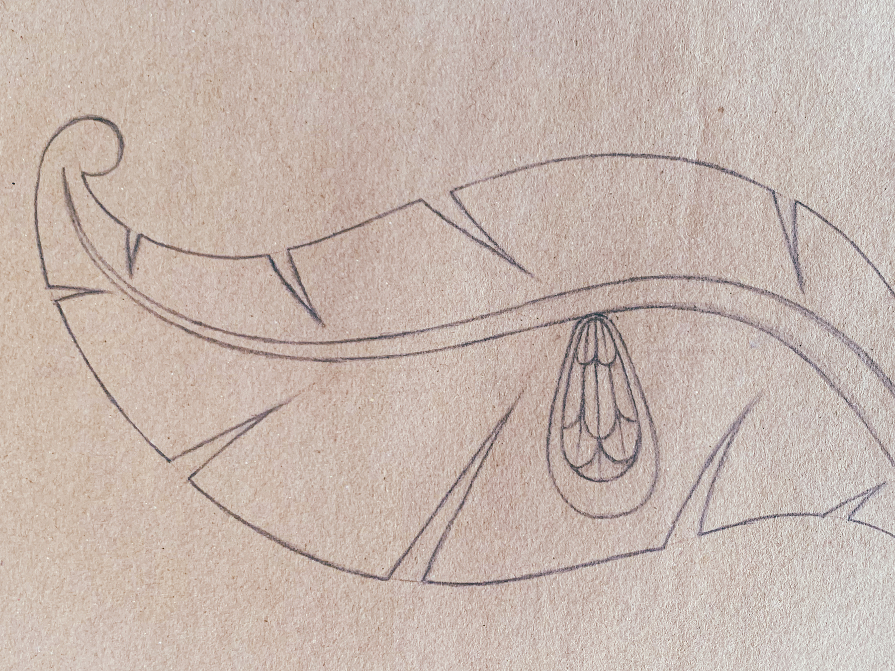 pencil drawing of an egg-seeming thing on a leaf on brown paper