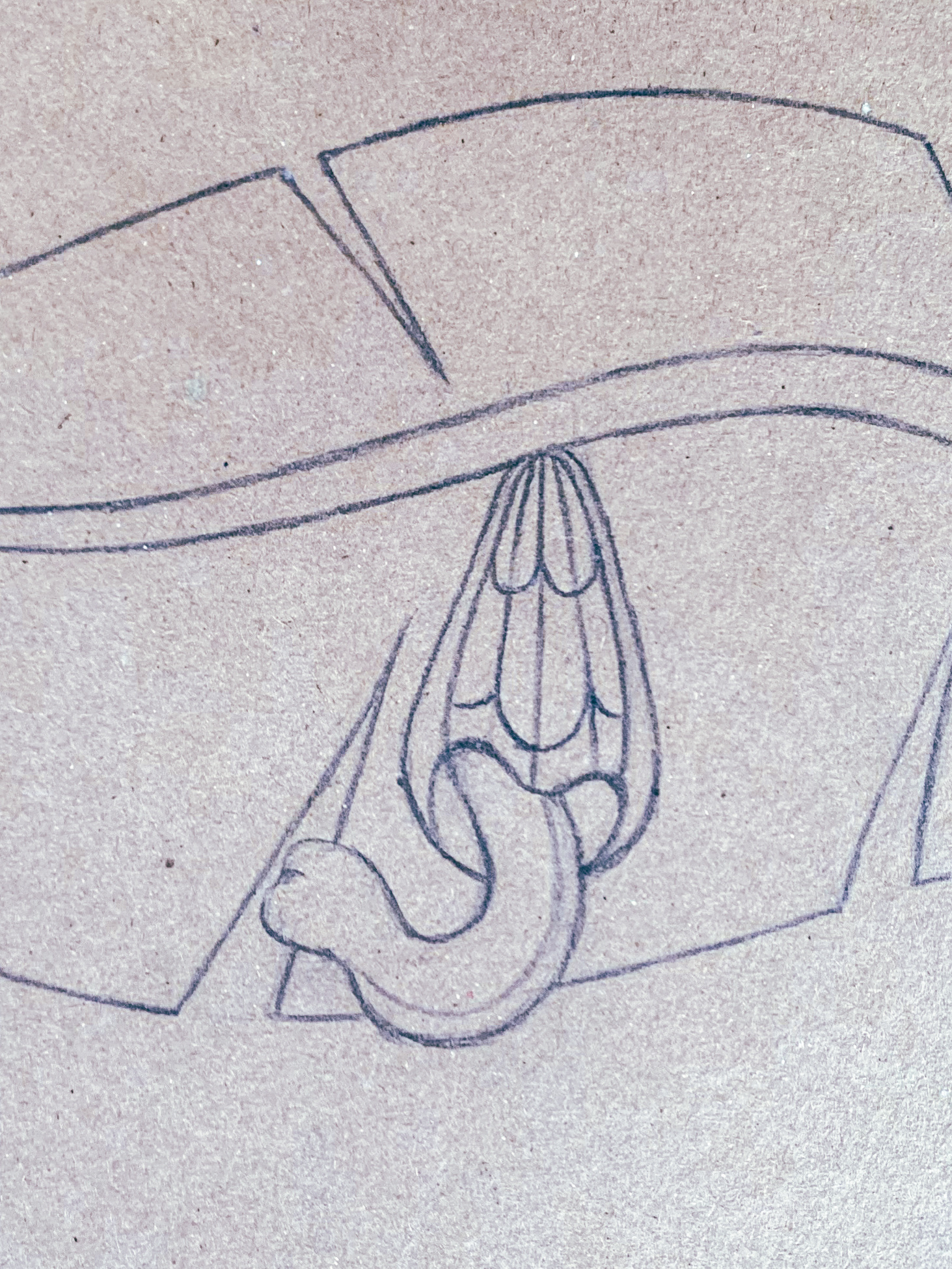 image of a pencil drawing on brown paper of a butterfly man tiny caterpillar coming out of an egg