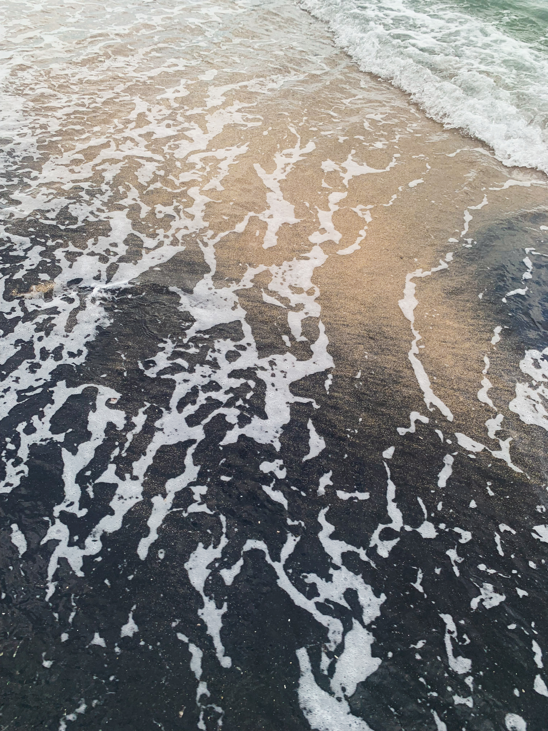 photo at the beach of sea water washing up over black and golden sand and making a dazzling pattern of foam like an animal print