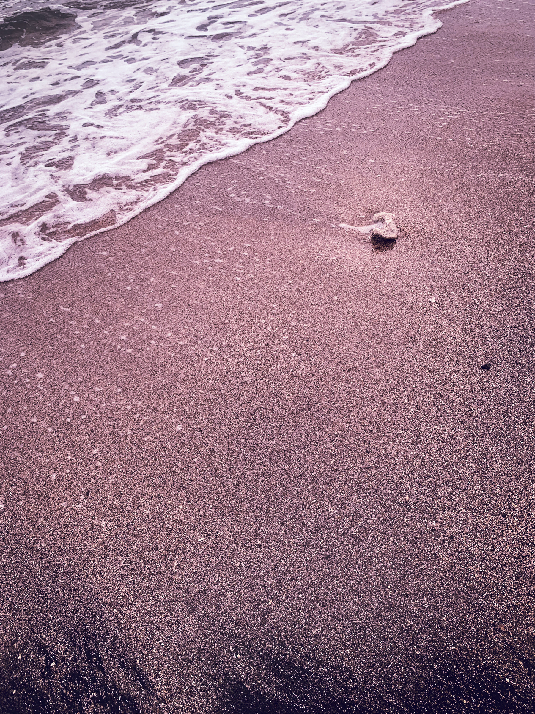 photo at the beach of frothy water washing up on rose-colored sand, with one chunk of coral catching a little foam, and streaks of darker blackish sand streaked around the bottom edges of the image.